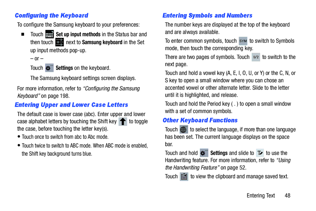 Samsung GT-N8013EAVXAR Configuring the Keyboard, Entering Upper and Lower Case Letters, Entering Symbols and Numbers 