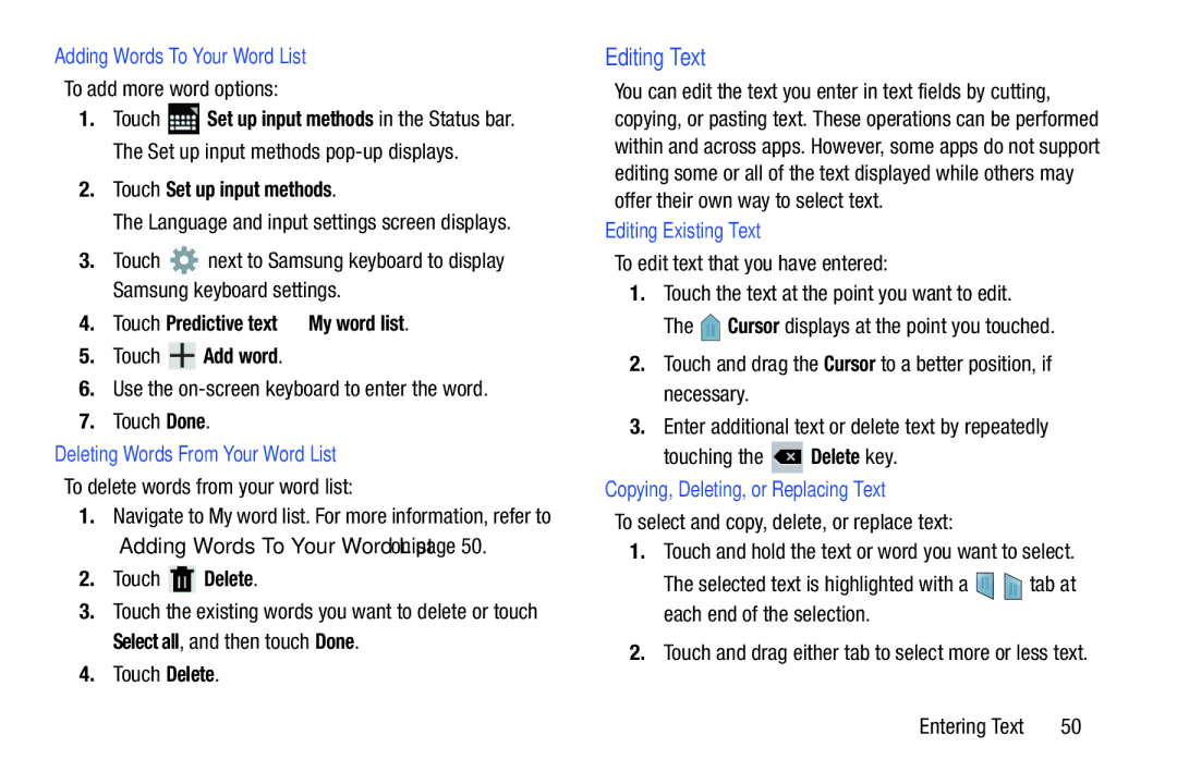 Samsung 10 1 Deep Gray, GTN8013EAVXAR Editing Text, Adding Words To Your Word List, Deleting Words From Your Word List 