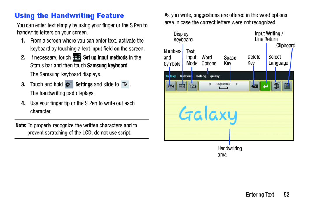 Samsung GT-N8013EAVXAR, GTN8013EAVXAR, 10 1 White Using the Handwriting Feature, Display, Keyboard, Area, Line Return 