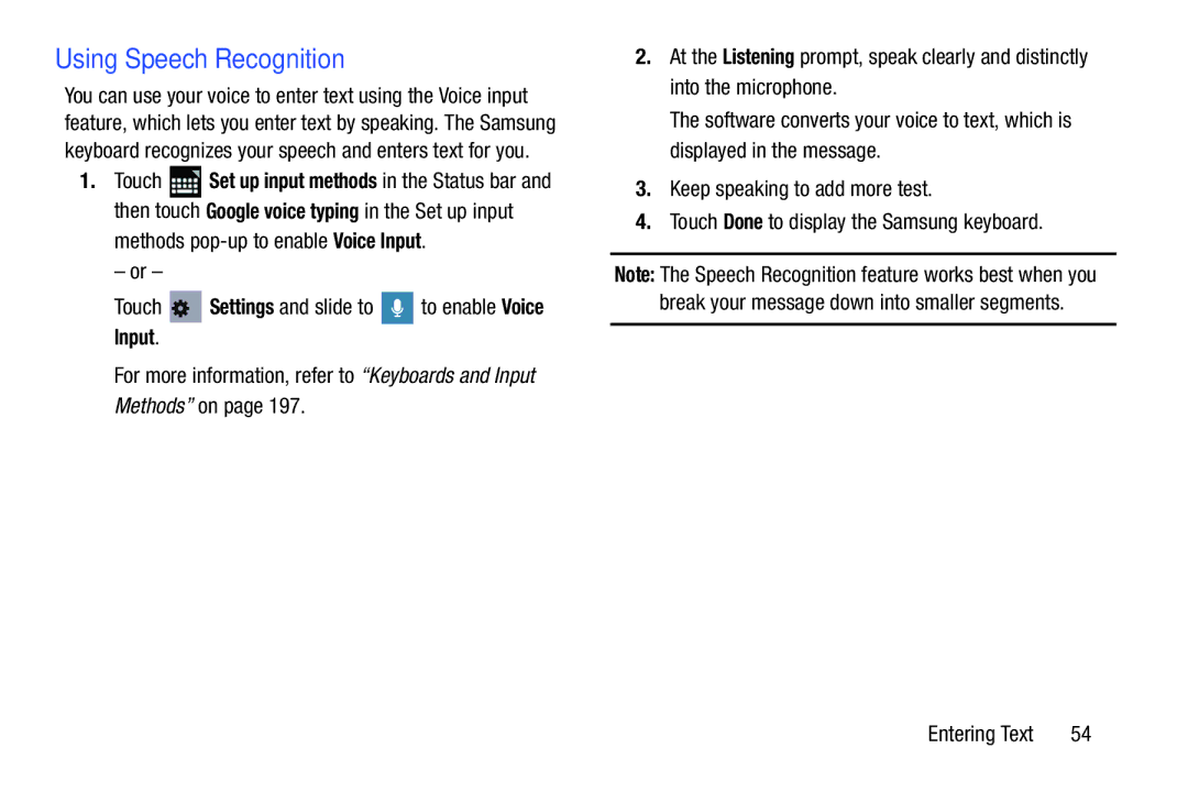 Samsung 10 1 Deep Gray, GTN8013EAVXAR, GT-N8013EAVXAR, 10 1 White user manual Using Speech Recognition, Input 