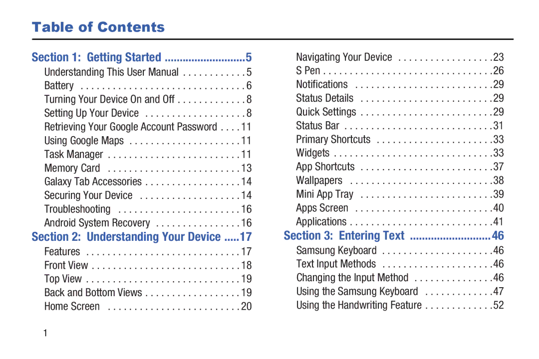 Samsung 10 1 White, GTN8013EAVXAR, GT-N8013EAVXAR, 10 1 Deep Gray user manual Table of Contents 