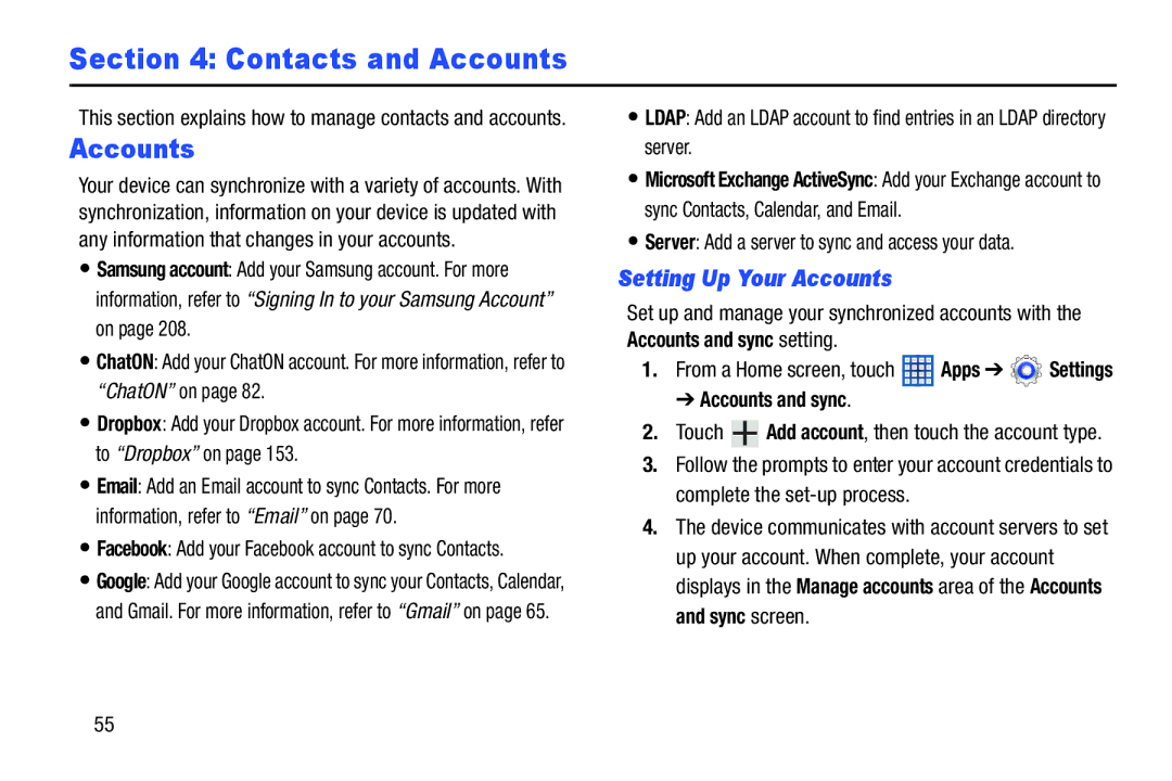 Samsung GTN8013EAVXAR Contacts and Accounts, Setting Up Your Accounts, Server Add a server to sync and access your data 