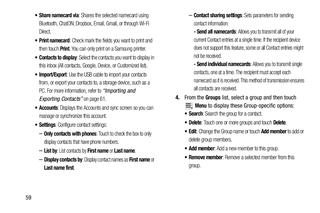 Samsung GTN8013EAVXAR Settings Configure contact settings, Remove member Remove a selected member from this group 