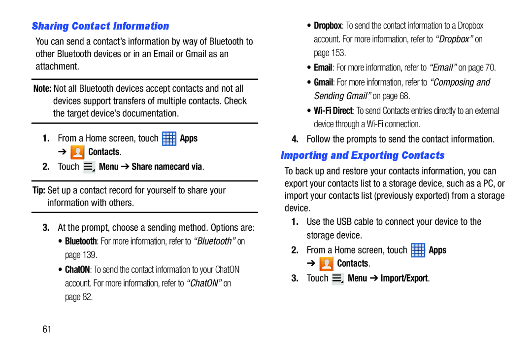 Samsung 10 1 White Sharing Contact Information, Importing and Exporting Contacts, Contacts Touch Menu Share namecard via 