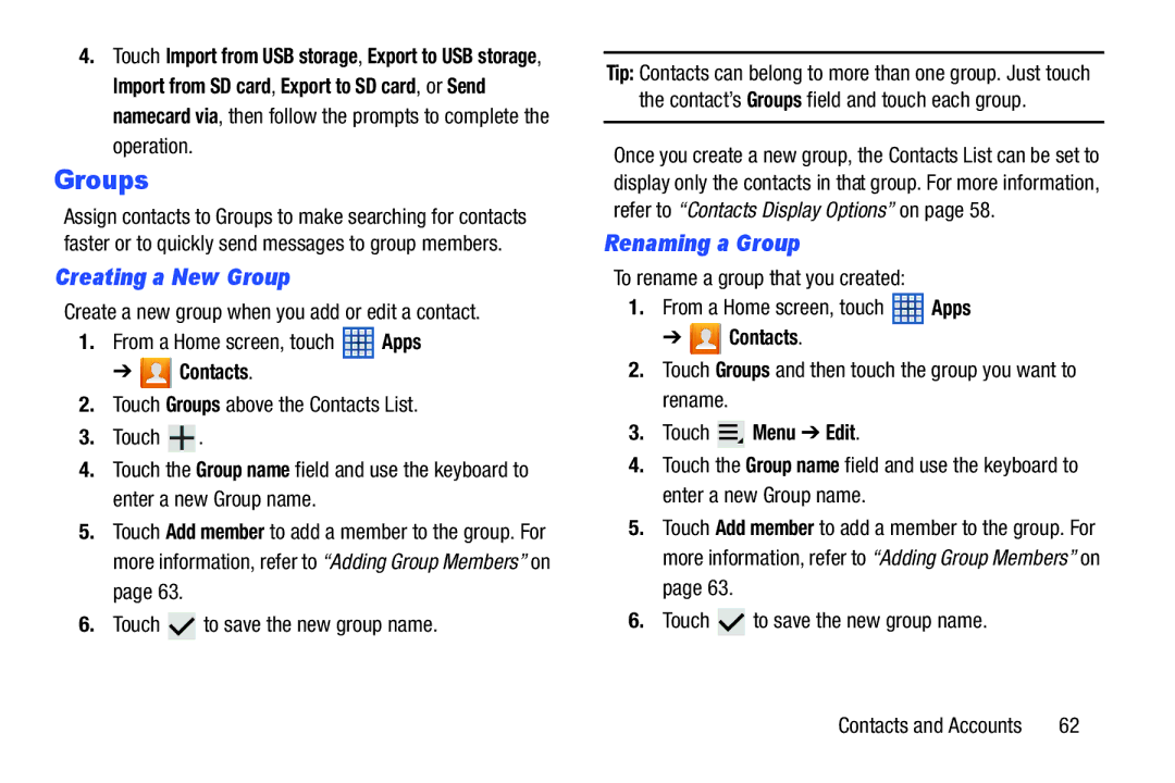 Samsung 10 1 Deep Gray, GTN8013EAVXAR, GT-N8013EAVXAR, 10 1 White user manual Groups, Creating a New Group, Renaming a Group 