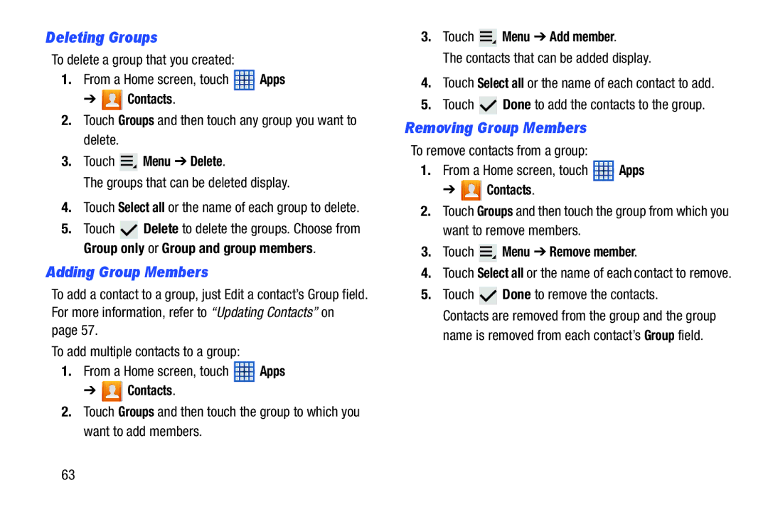 Samsung GTN8013EAVXAR, GT-N8013EAVXAR, 10 1 White user manual Deleting Groups, Adding Group Members, Removing Group Members 