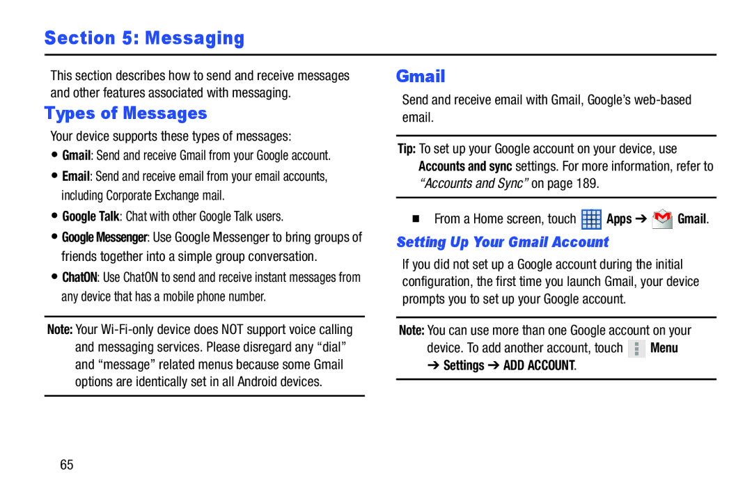 Samsung 10 1 White, GTN8013EAVXAR Messaging, Types of Messages, Setting Up Your Gmail Account, Settings ADD Account 