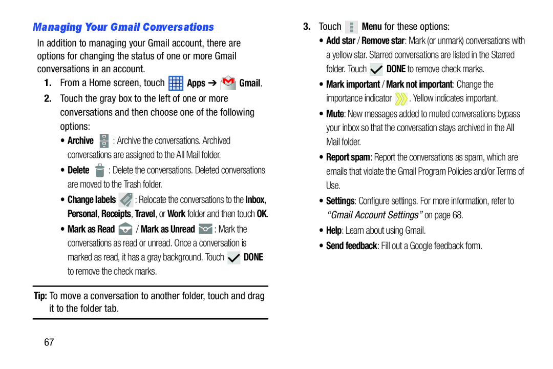 Samsung GTN8013EAVXAR, GT-N8013EAVXAR Managing Your Gmail Conversations, Folder. Touch Done to remove check marks 