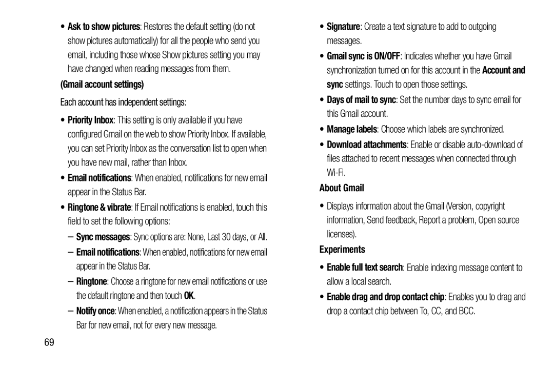 Samsung 10 1 White, GTN8013EAVXAR user manual Gmail account settings, Each account has independent settings, About Gmail 