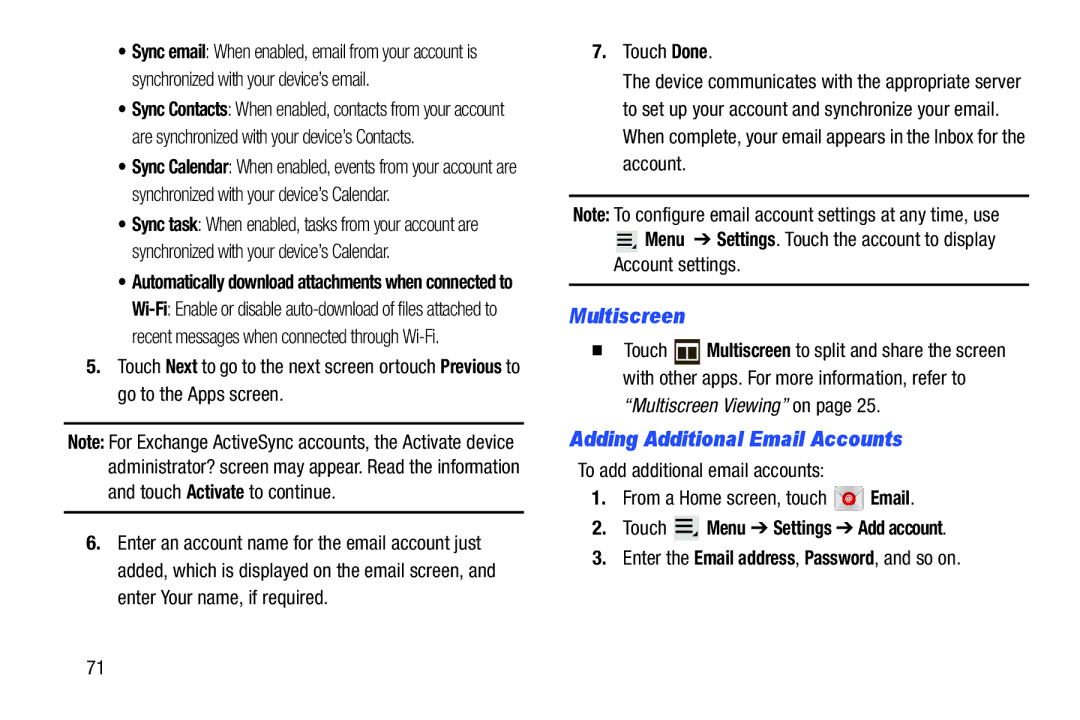 Samsung GTN8013EAVXAR Multiscreen, Adding Additional Email Accounts, Account settings, Touch Menu Settings Add account 