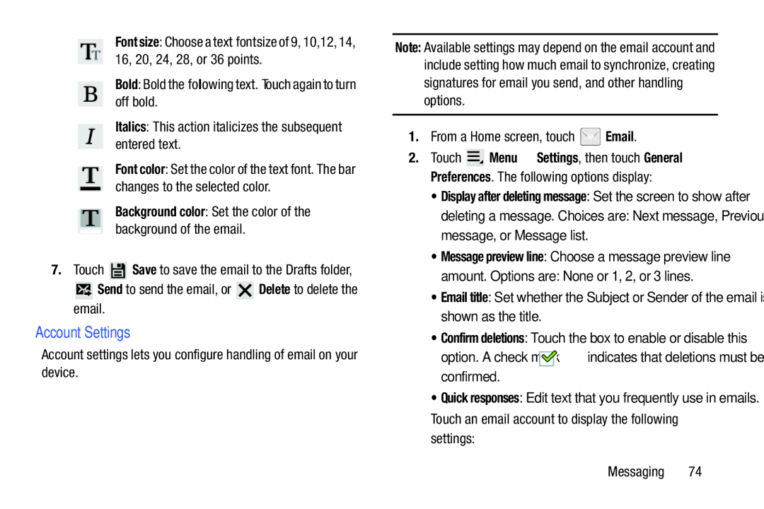 Samsung 10 1 Deep Gray, GTN8013EAVXAR, 10 1 White Account Settings, Send to send the email, or Delete to delete the email 