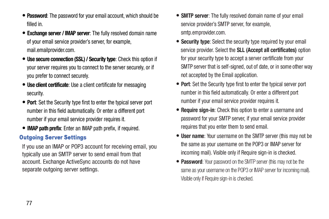 Samsung 10 1 White, GTN8013EAVXAR Outgoing Server Settings, Imap path prefix Enter an Imap path prefix, if required 