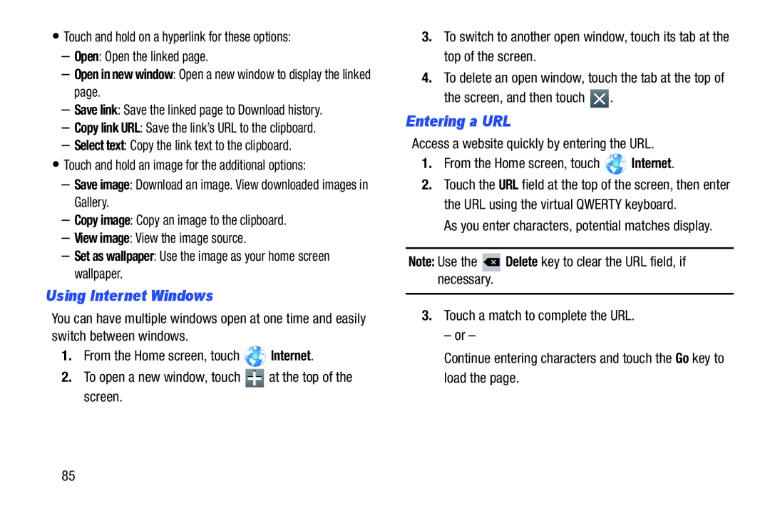Samsung 10 1 White Using Internet Windows, Entering a URL, Open in new window Open a new window to display the linked 
