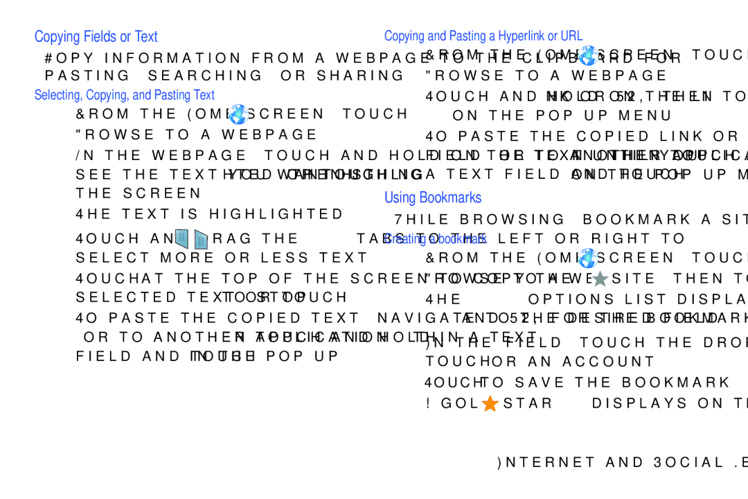 Samsung 10 1 Deep Gray Copying Fields or Text, Using Bookmarks, Selecting, Copying, and Pasting Text, Creating a bookmark 