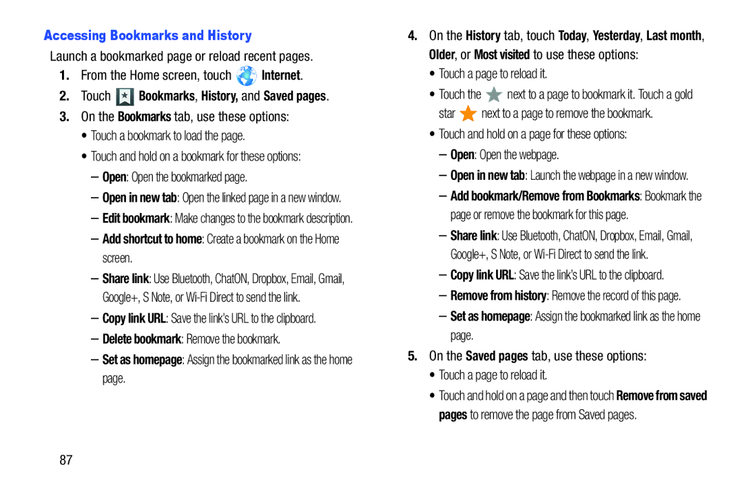 Samsung GTN8013EAVXAR Accessing Bookmarks and History, Add shortcut to home Create a bookmark on the Home screen 