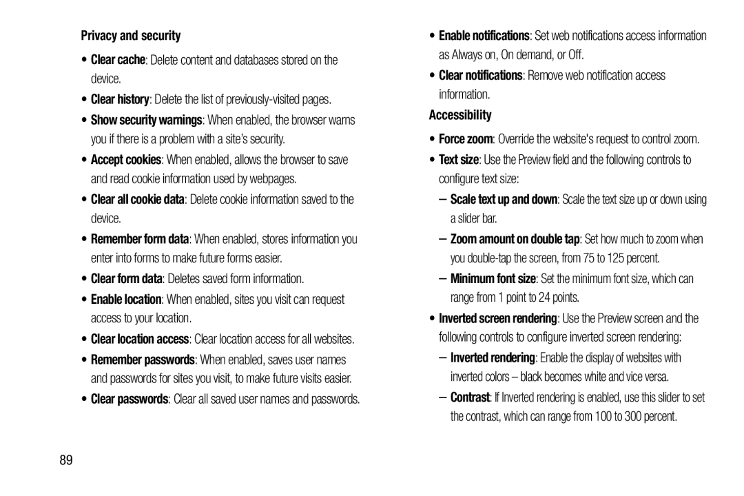 Samsung 10 1 White, GTN8013EAVXAR, GT-N8013EAVXAR Privacy and security, Clear form data Deletes saved form information 