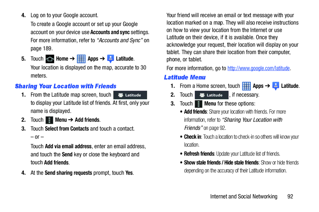 Samsung GT-N8013EAVXAR, GTN8013EAVXAR Sharing Your Location with Friends, Latitude Menu, Log on to your Google account 