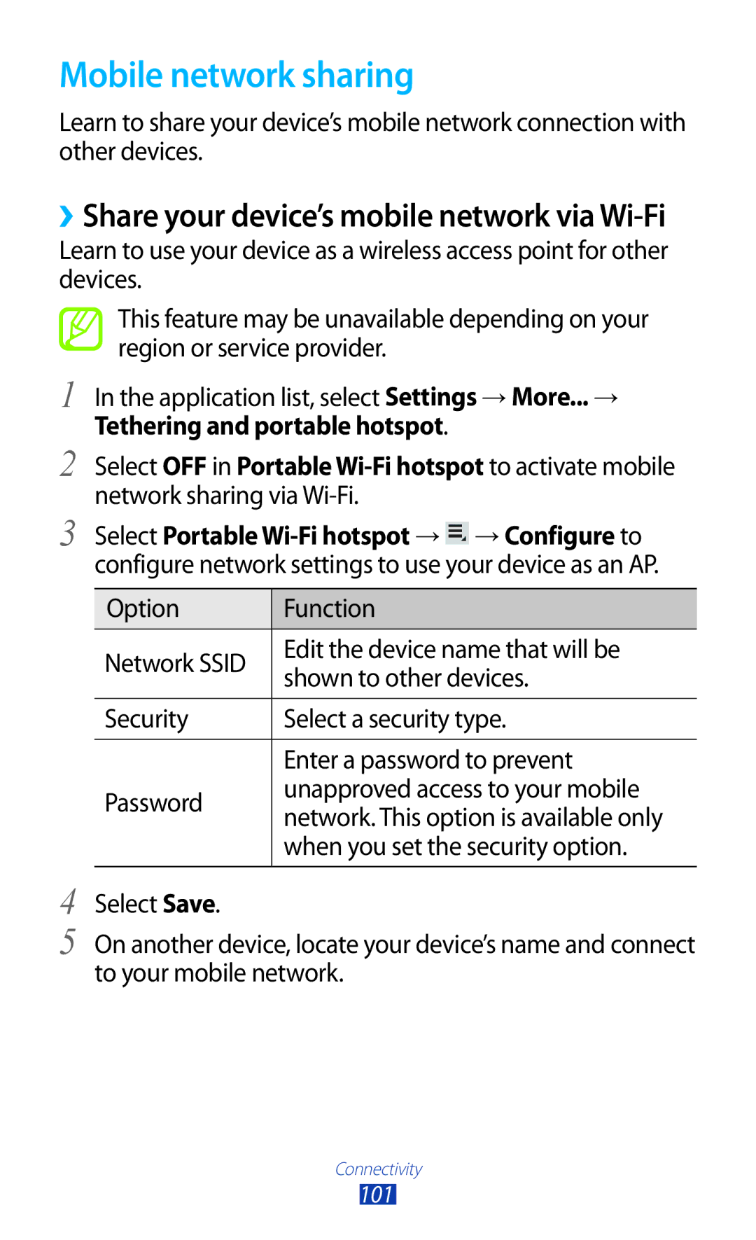 Samsung GTP5100TSATTT user manual Mobile network sharing, ››Share your device’s mobile network via Wi-Fi 