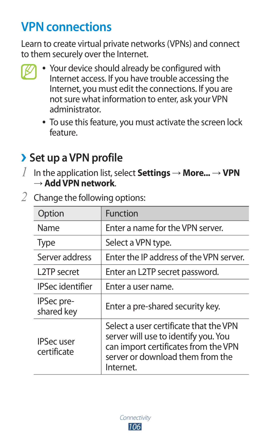 Samsung GTP5100TSATTT user manual VPN connections, ››Set up a VPN profile 