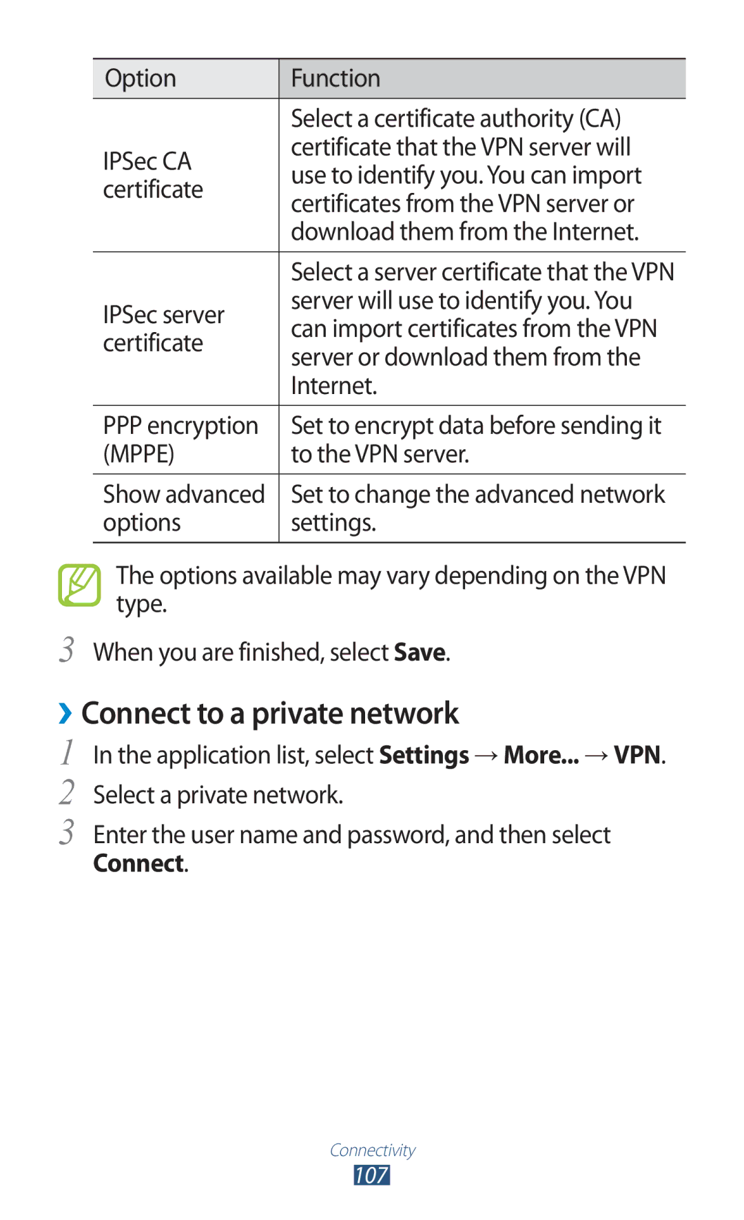 Samsung GTP5100TSATTT ››Connect to a private network, IPSec server Server will use to identify you. You, To the VPN server 