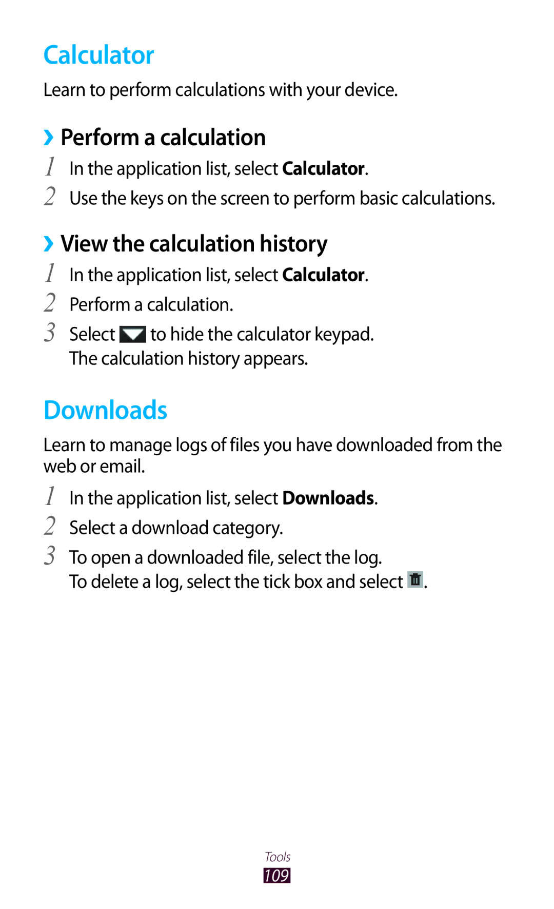 Samsung GTP5100TSATTT user manual Calculator, Downloads, ››Perform a calculation, ››View the calculation history 