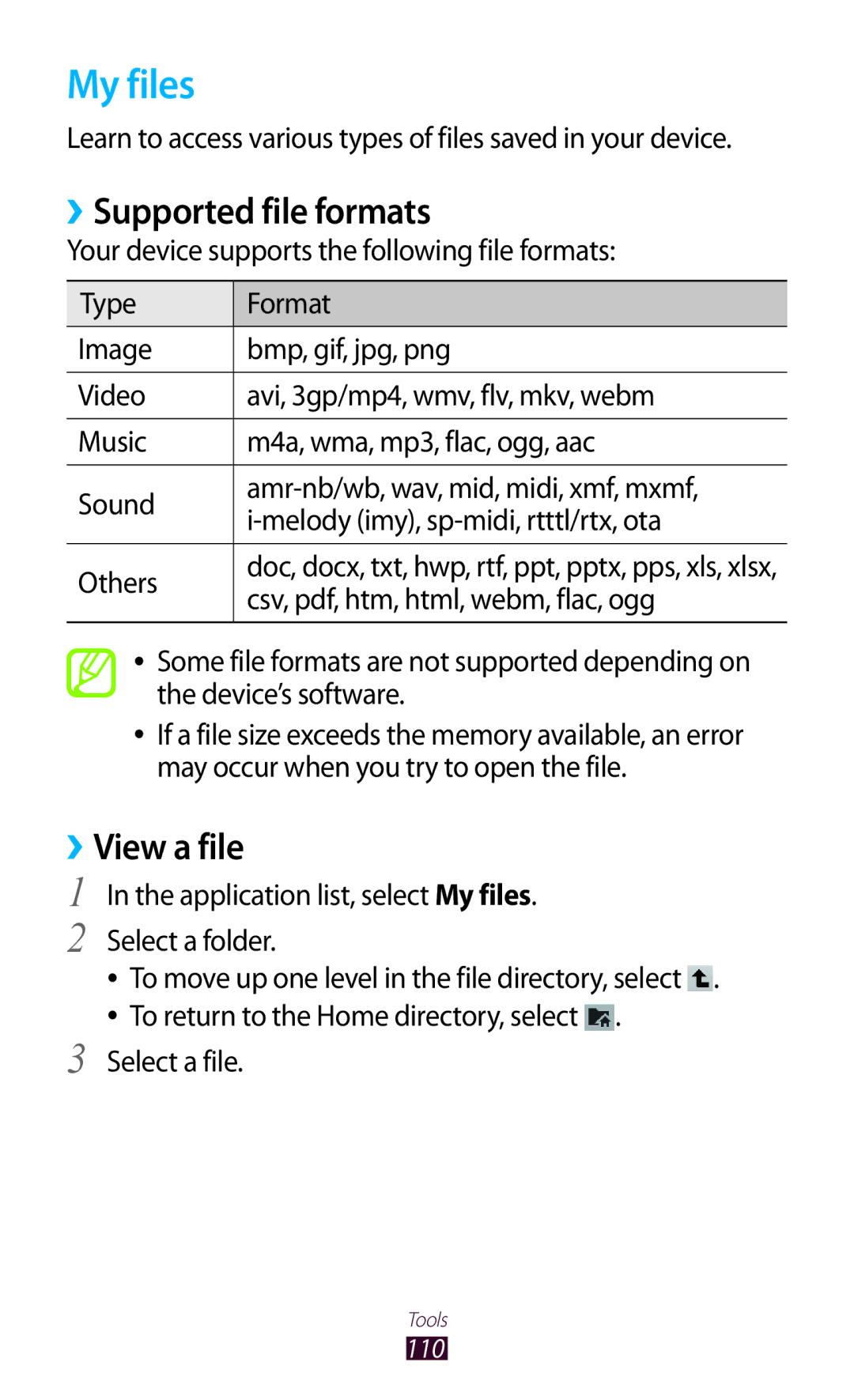 Samsung GTP5100TSATTT user manual My files, ››Supported file formats, ››View a file 