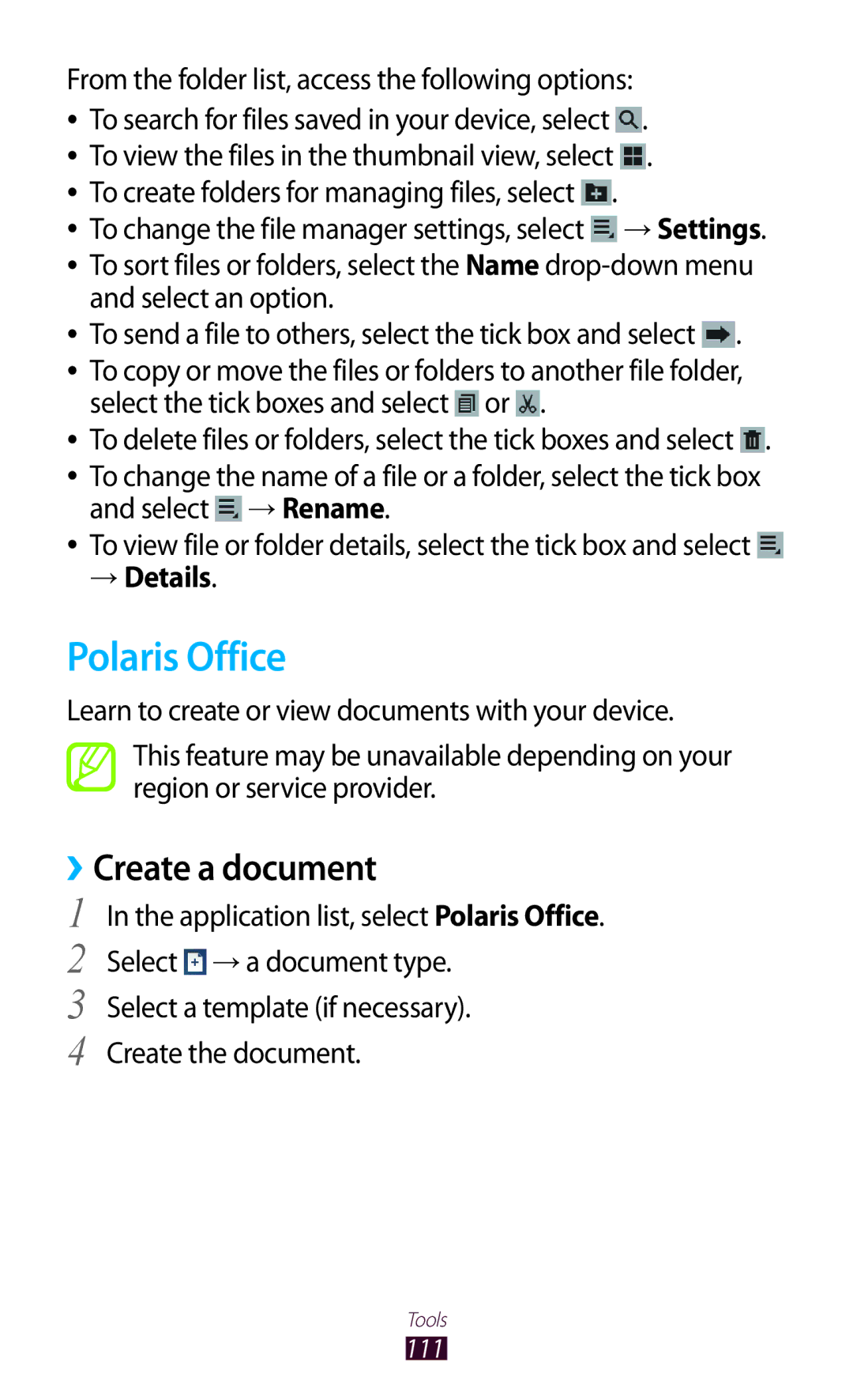 Samsung GTP5100TSATTT user manual Polaris Office, Create a document 