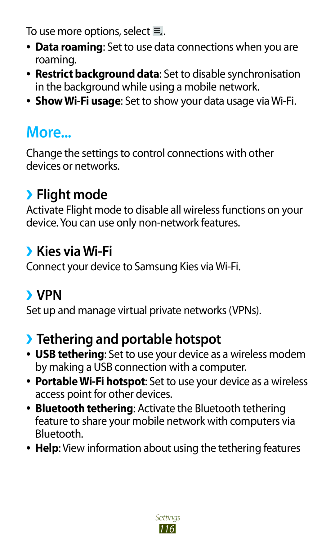 Samsung GTP5100TSATTT user manual More, ››Flight mode, ››Kies via Wi-Fi, ››Tethering and portable hotspot 