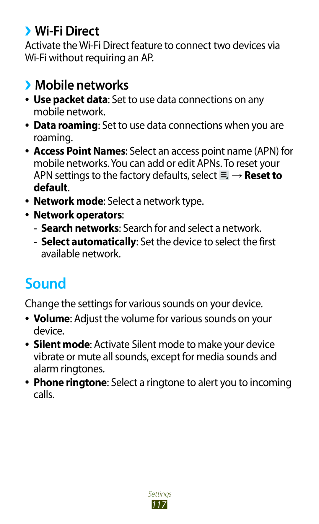 Samsung GTP5100TSATTT user manual Sound, ››Wi-Fi Direct, ››Mobile networks 