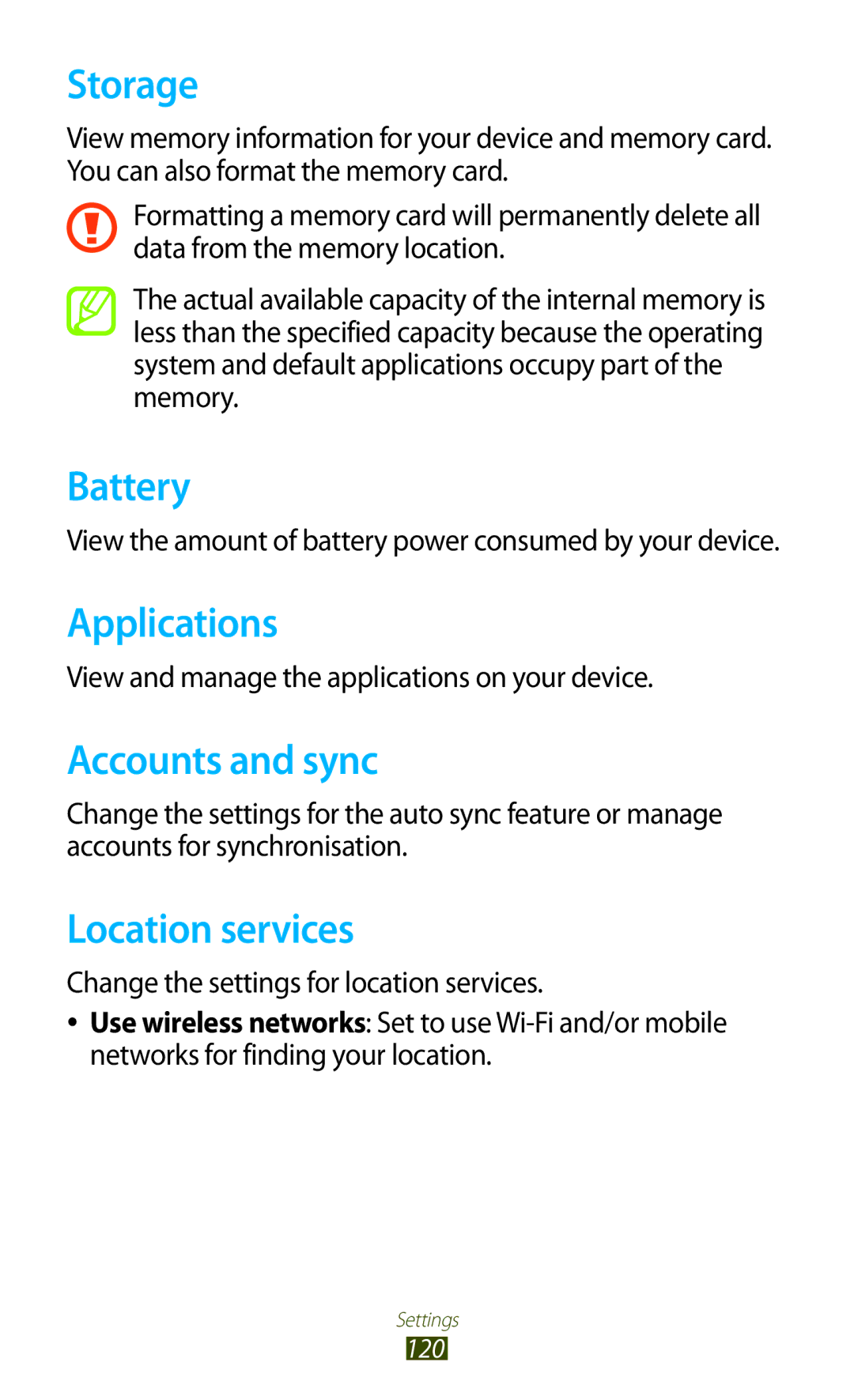 Samsung GTP5100TSATTT user manual Storage, Battery, Applications, Accounts and sync, Location services 