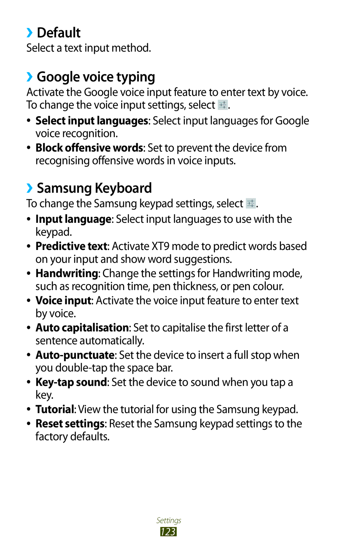 Samsung GTP5100TSATTT user manual ››Default, ››Google voice typing, ››Samsung Keyboard, Select a text input method 