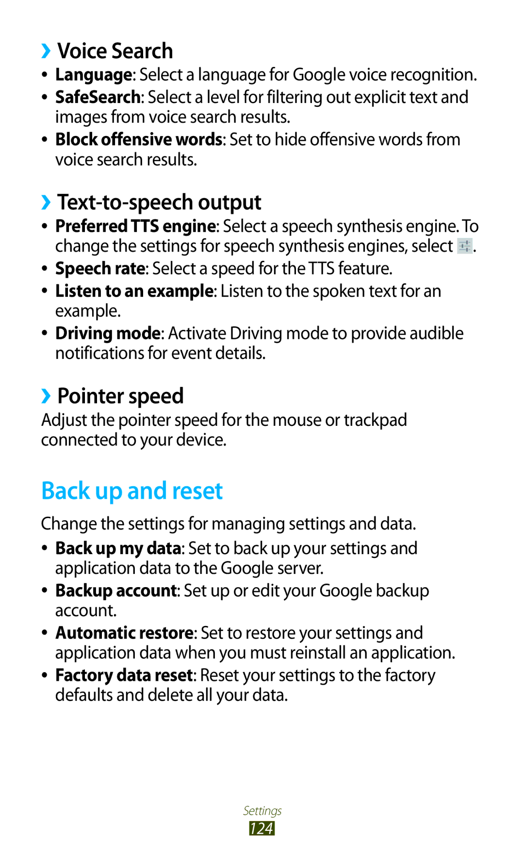 Samsung GTP5100TSATTT user manual Back up and reset, ››Voice Search, ››Text-to-speech output, ››Pointer speed 