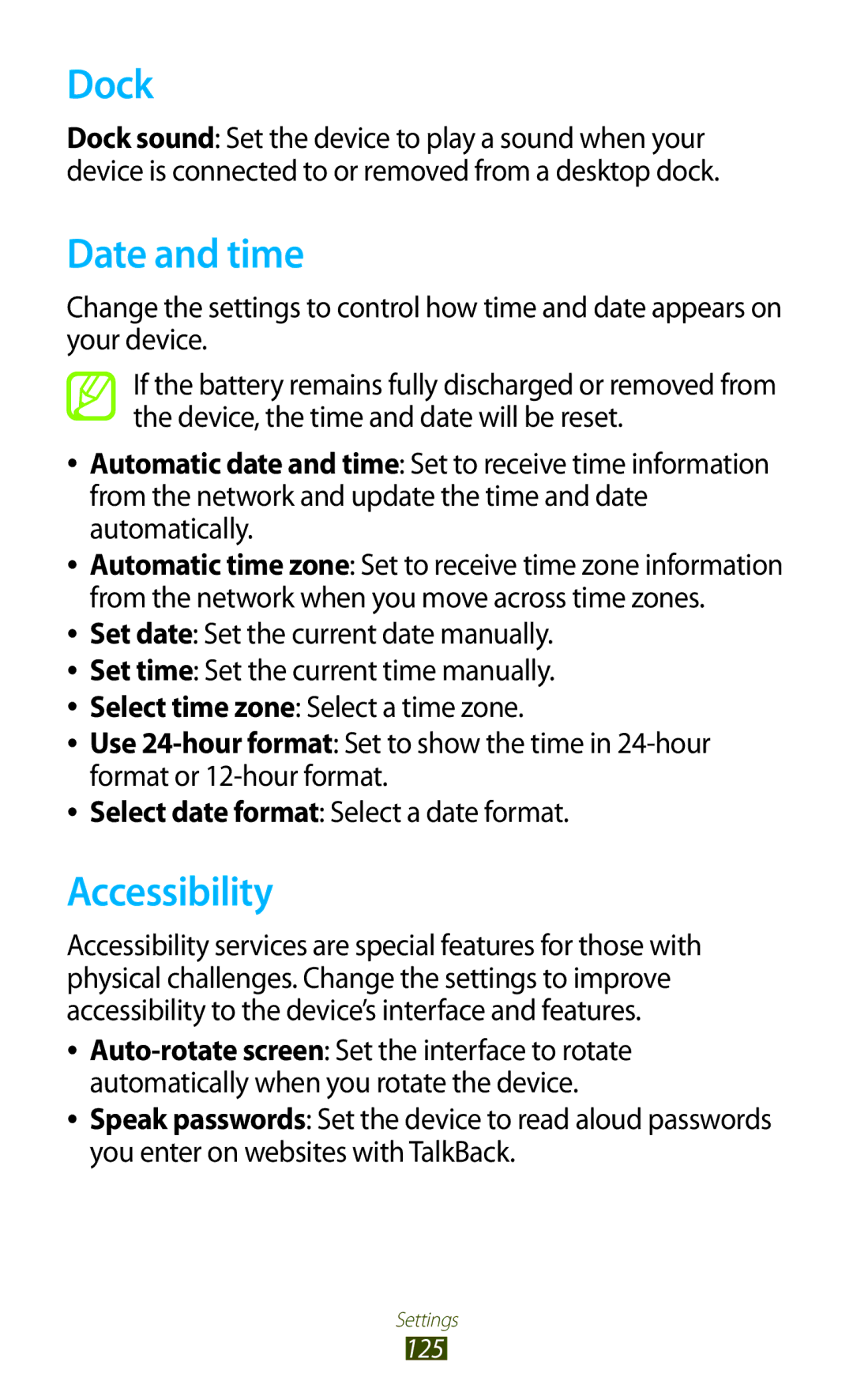 Samsung GTP5100TSATTT user manual Dock, Date and time, Accessibility 