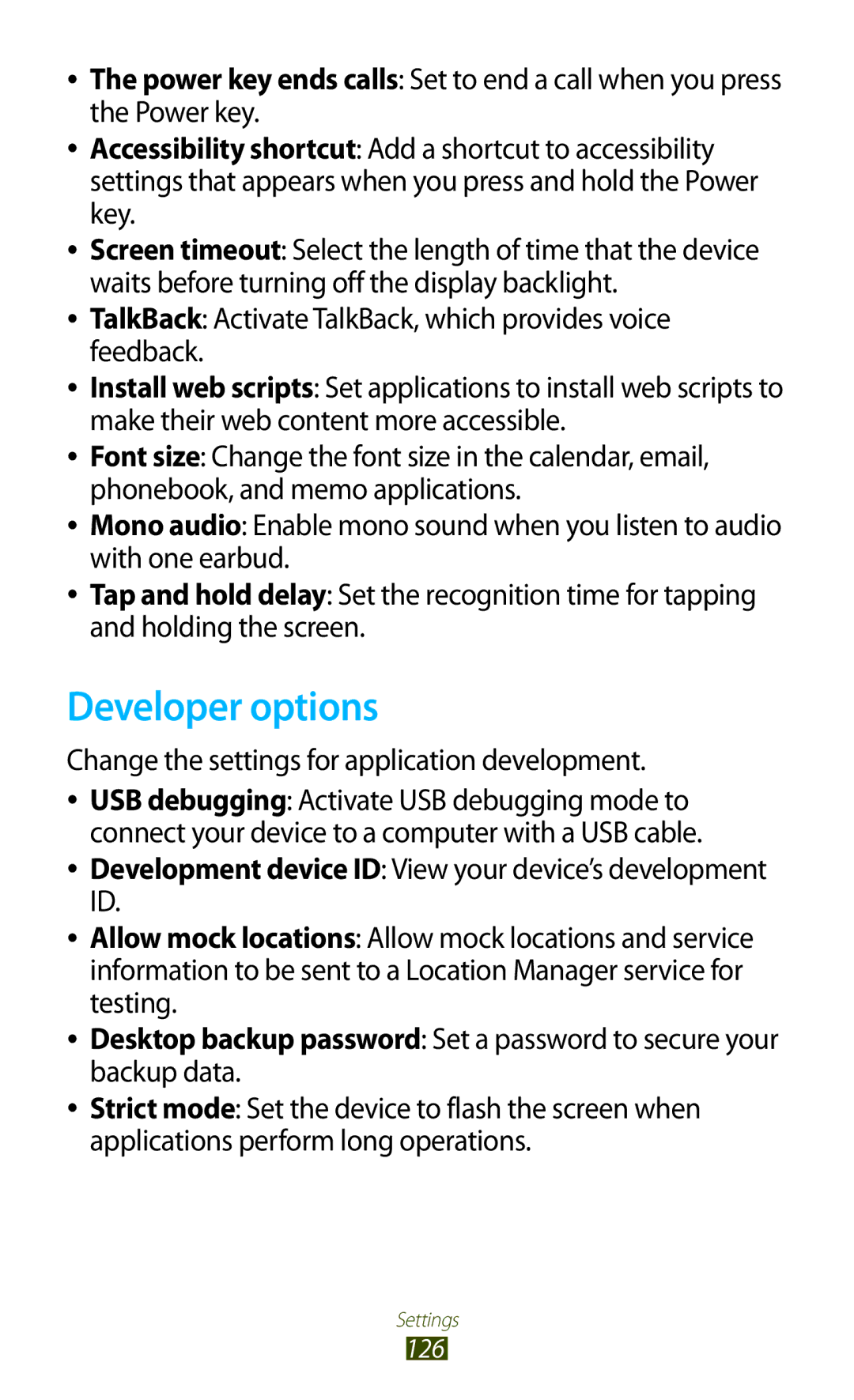 Samsung GTP5100TSATTT user manual Developer options, Change the settings for application development 