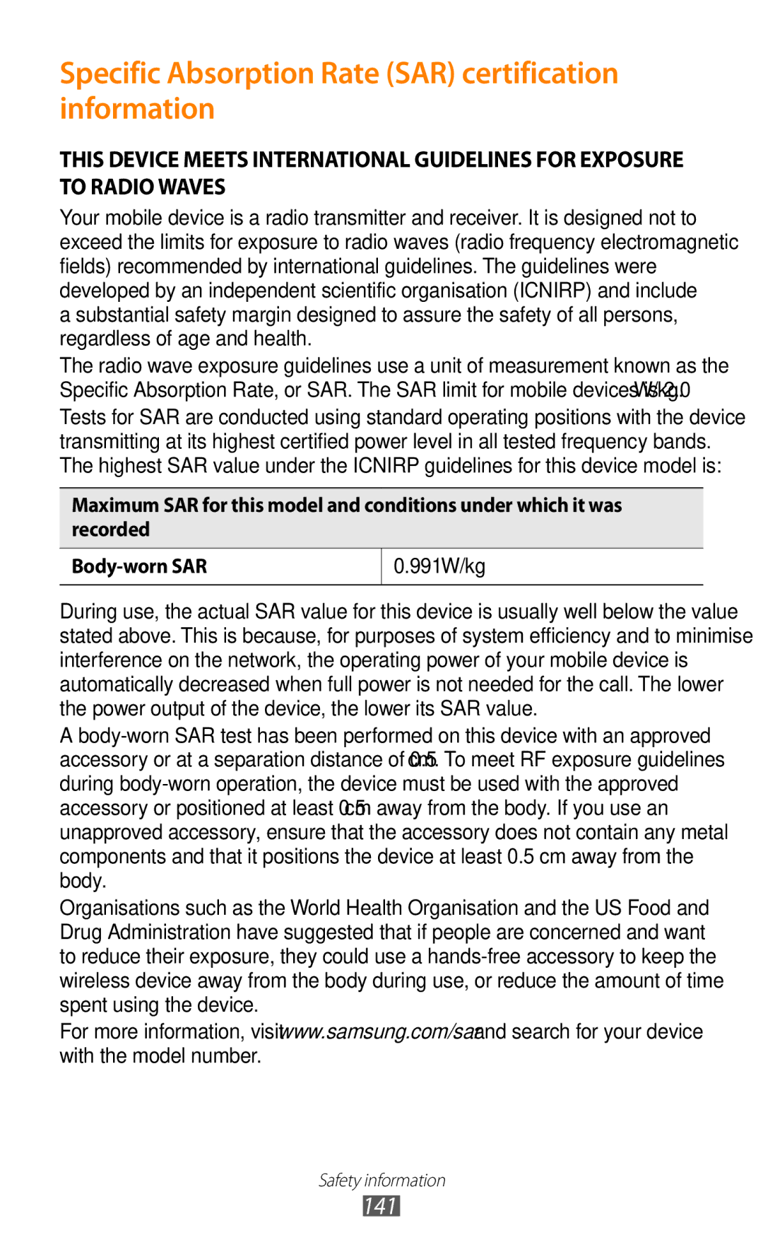 Samsung GTP5100TSATTT user manual Specific Absorption Rate SAR certification information 