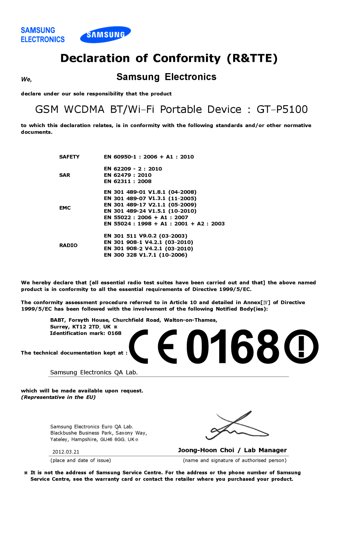 Samsung GTP5100TSATTT user manual Declaration of Conformity R&TTE 