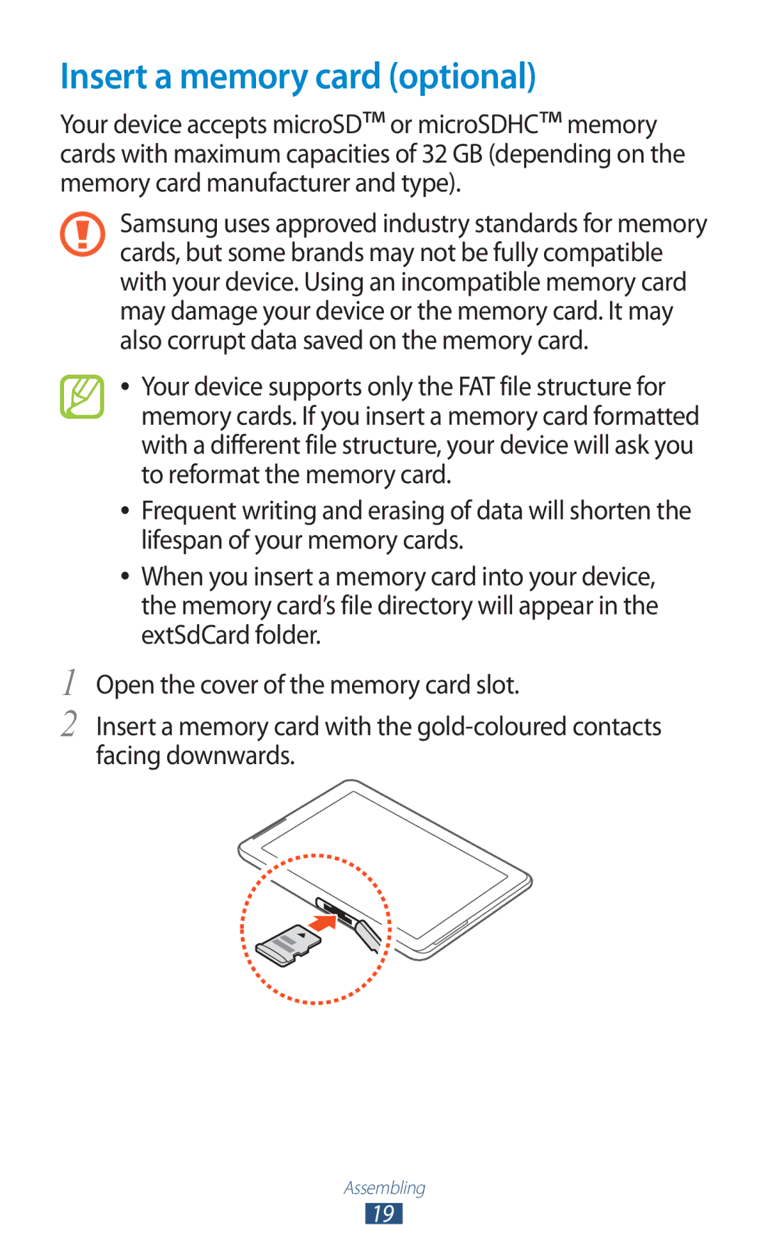 Samsung GTP5100TSATTT user manual Insert a memory card optional 