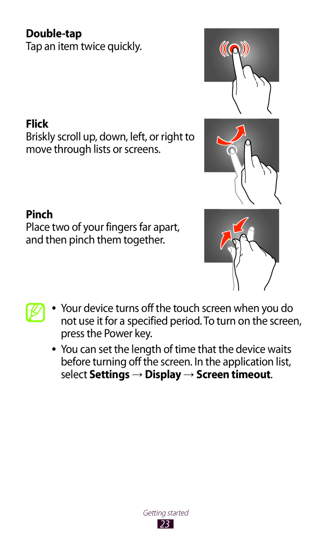 Samsung GTP5100TSATTT user manual Double-tap, Tap an item twice quickly, Flick, Pinch 