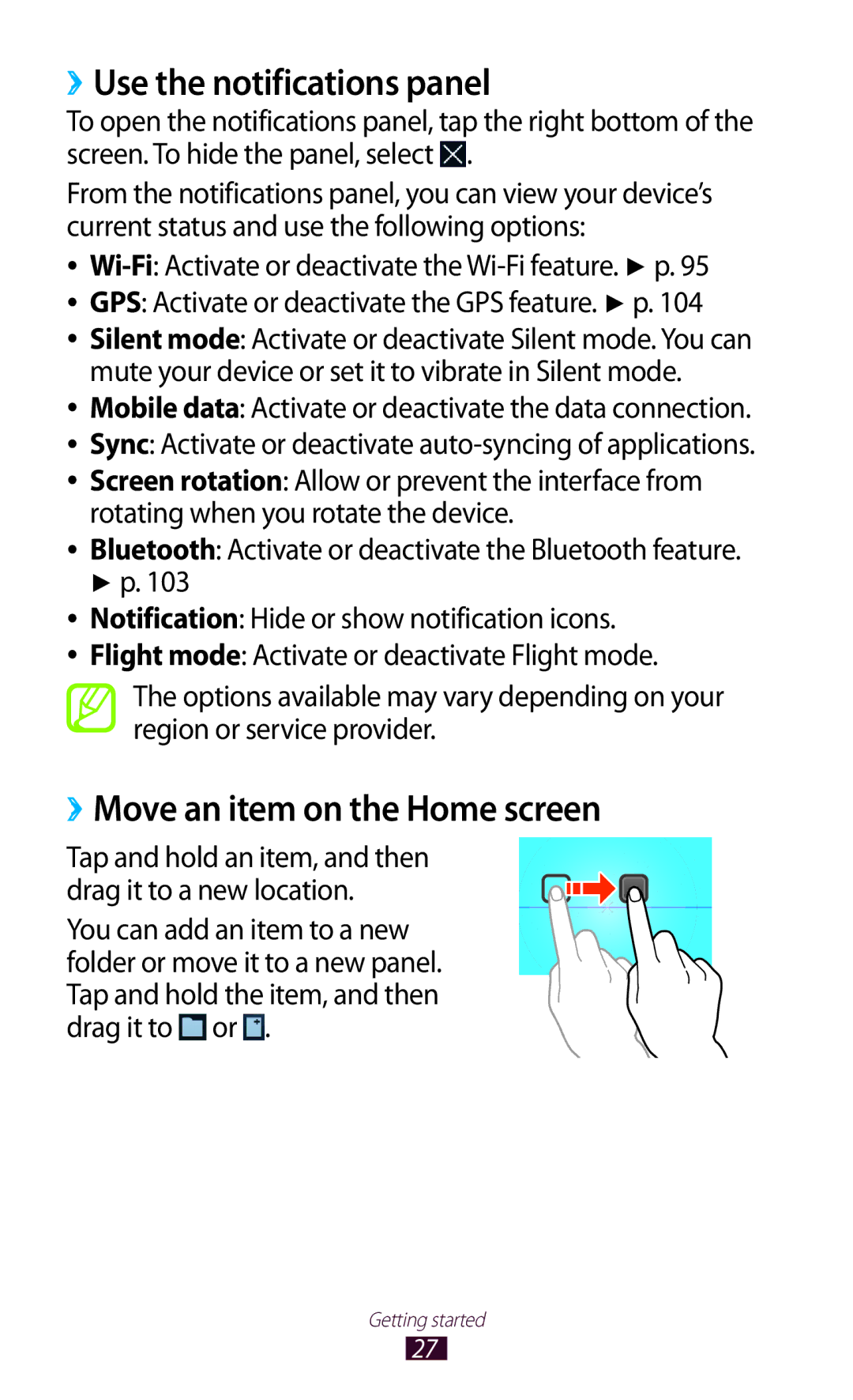 Samsung GTP5100TSATTT user manual ››Use the notifications panel, ››Move an item on the Home screen 