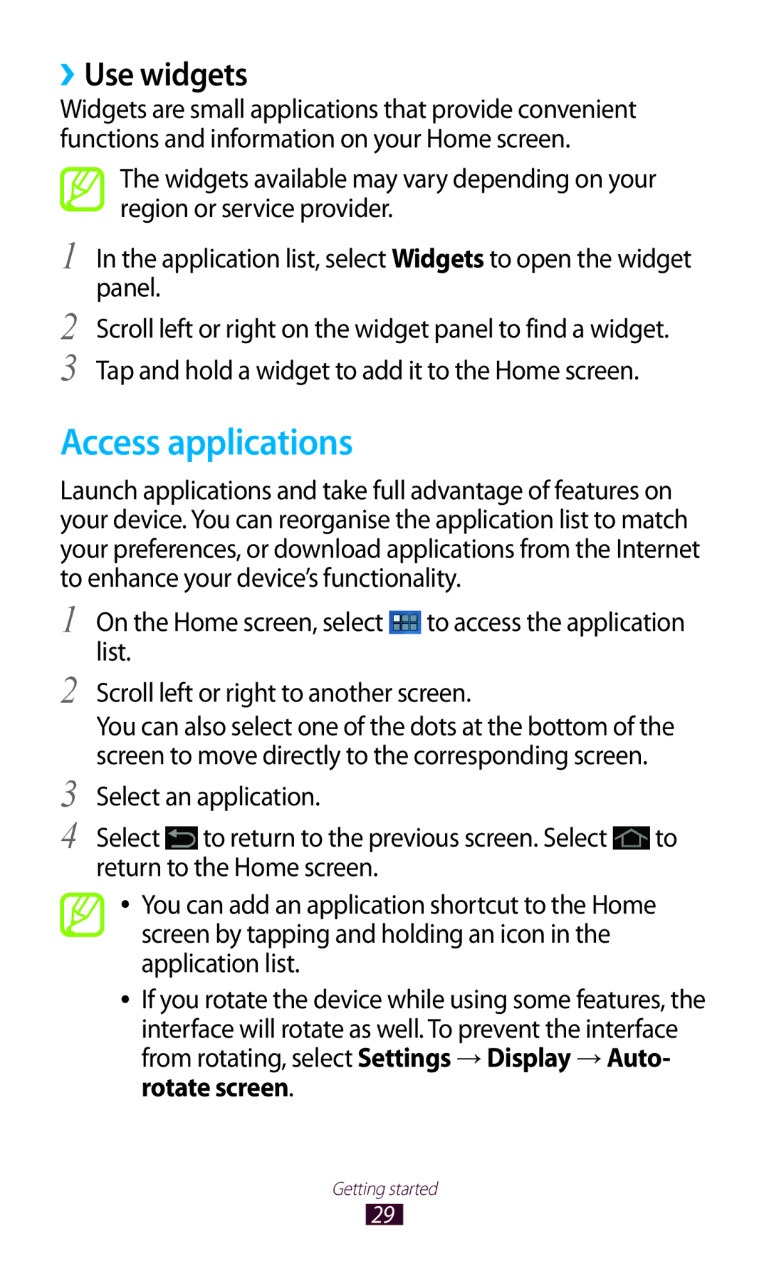 Samsung GTP5100TSATTT user manual Access applications, ››Use widgets 