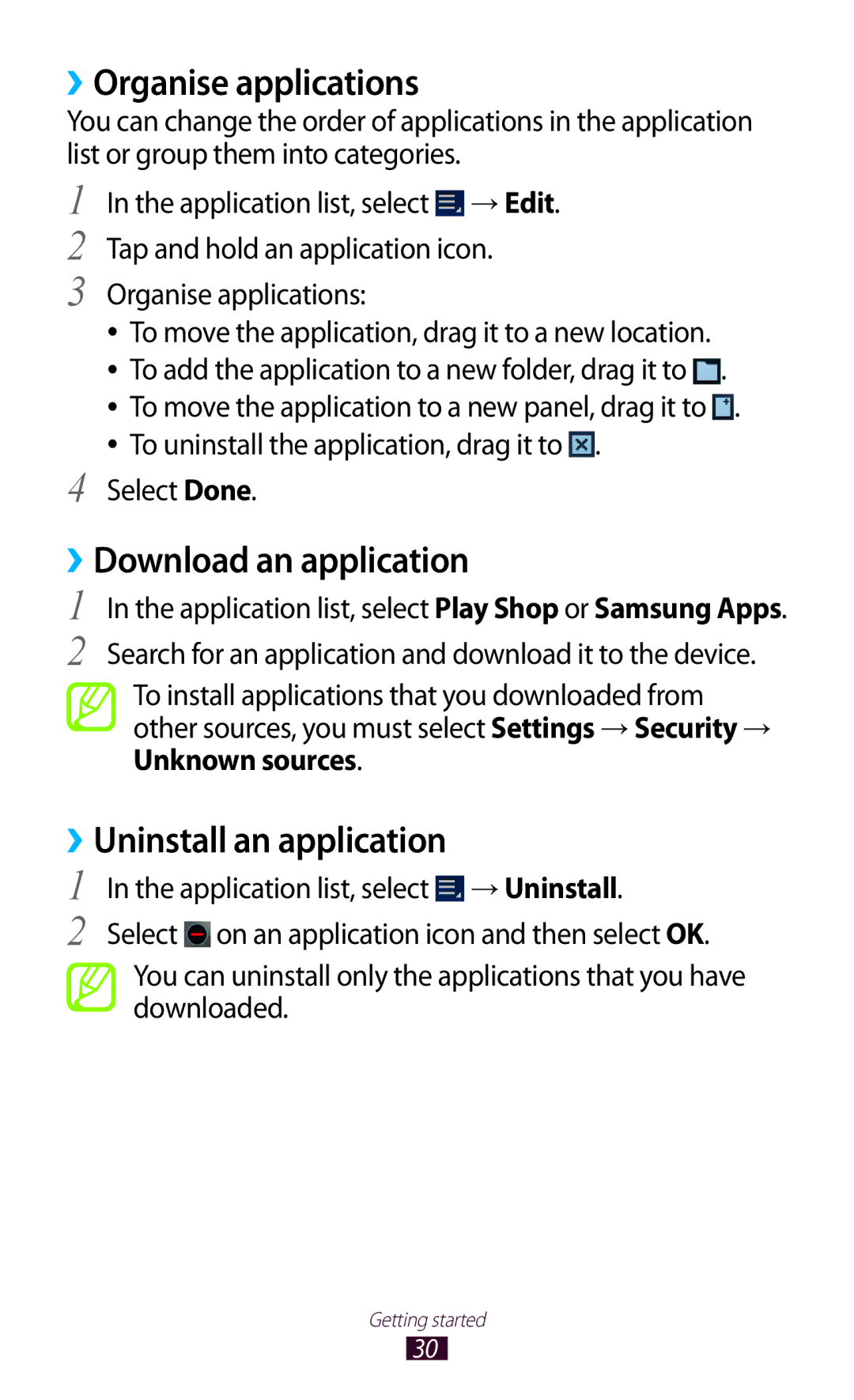 Samsung GTP5100TSATTT ››Organise applications, ››Download an application, ››Uninstall an application, Select Done 