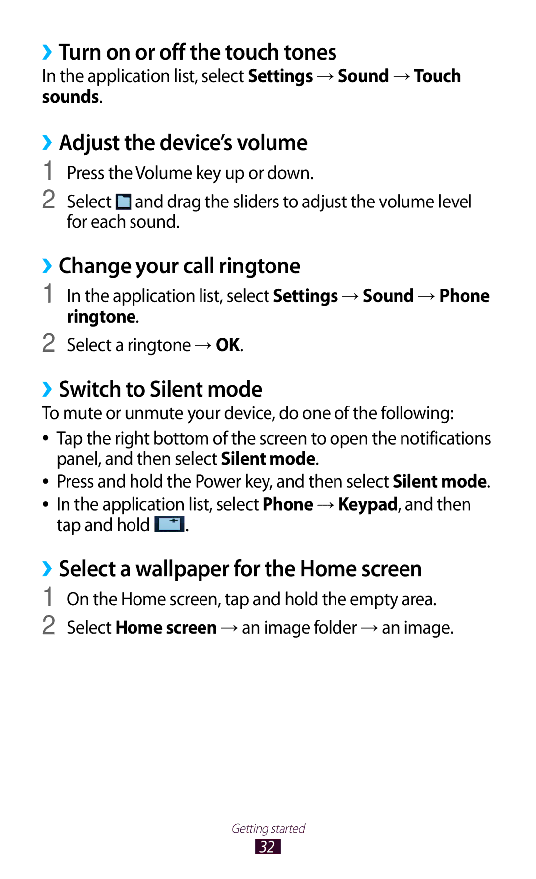 Samsung GTP5100TSATTT ››Turn on or off the touch tones, ››Adjust the device’s volume, ››Change your call ringtone 