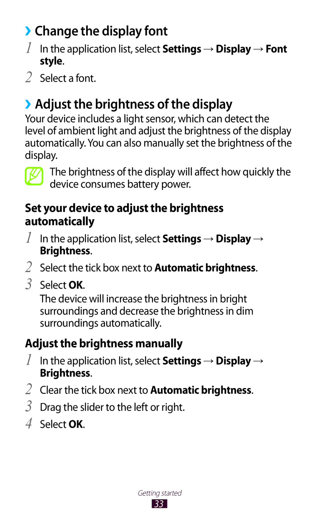 Samsung GTP5100TSATTT user manual ››Change the display font, ››Adjust the brightness of the display, Style, Select a font 