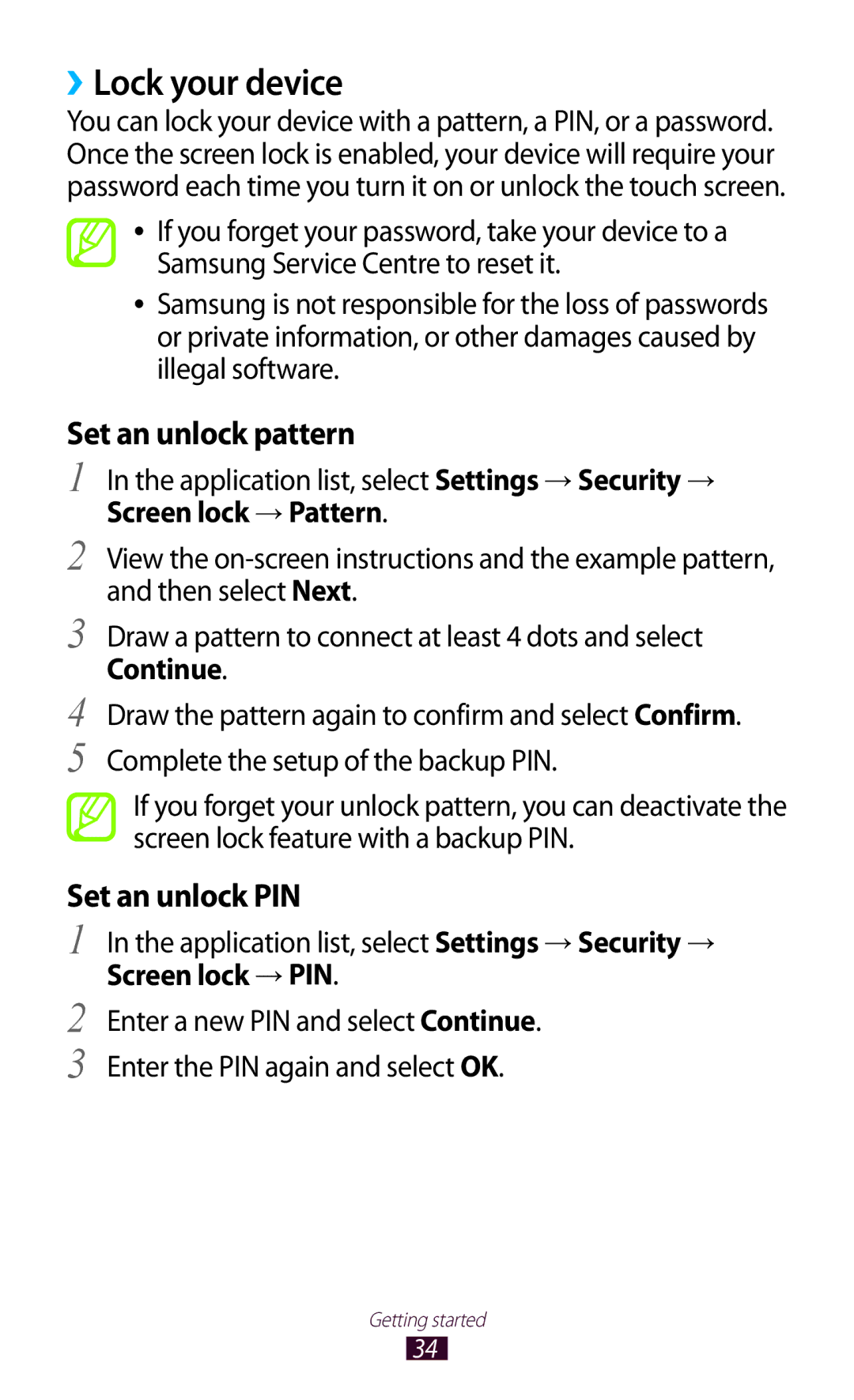 Samsung GTP5100TSATTT user manual ››Lock your device, Application list, select Settings → Security →, Screen lock → Pattern 