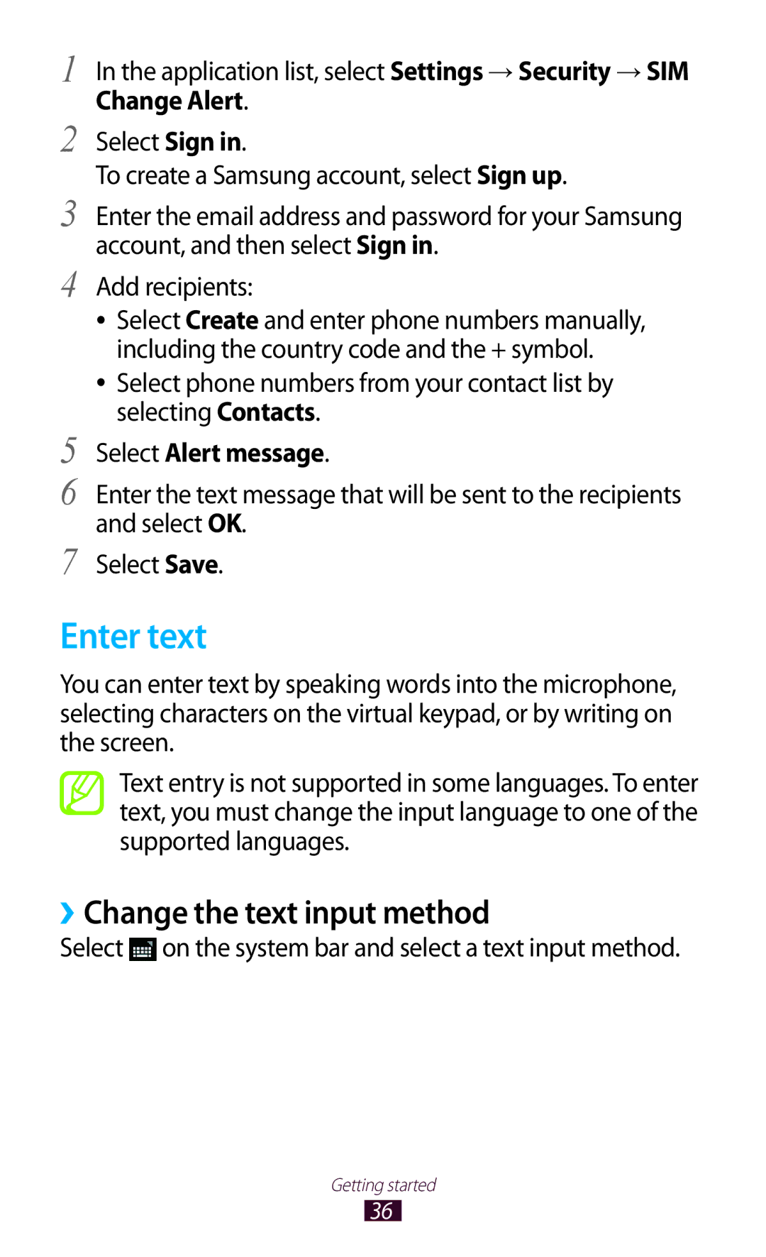 Samsung GTP5100TSATTT user manual Enter text, ››Change the text input method, Change Alert, Select Alert message 