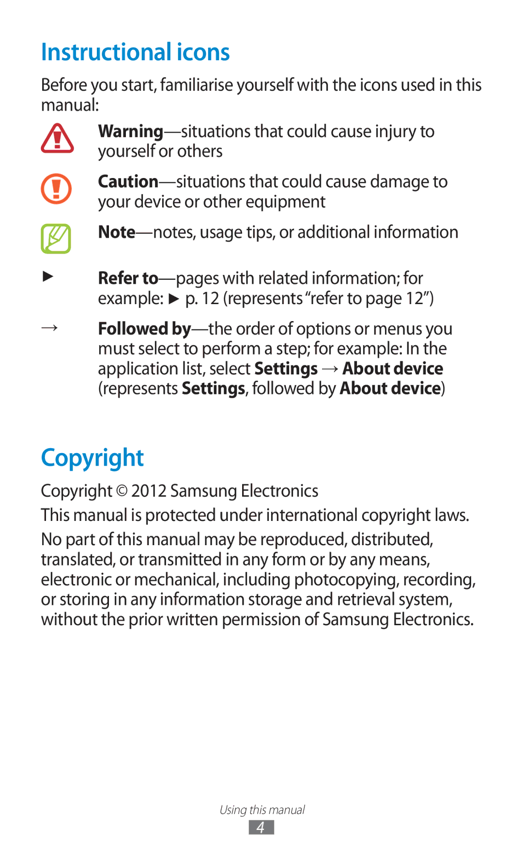 Samsung GTP5100TSATTT user manual Instructional icons, Copyright 