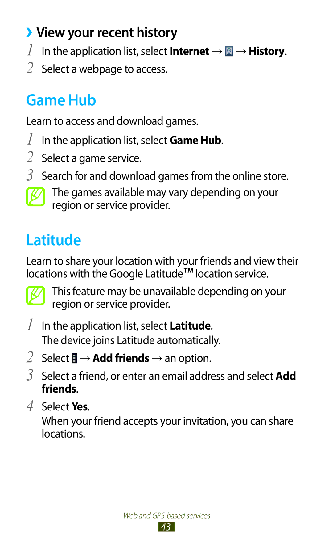 Samsung GTP5100TSATTT user manual Game Hub, Latitude, ››View your recent history, Friends 