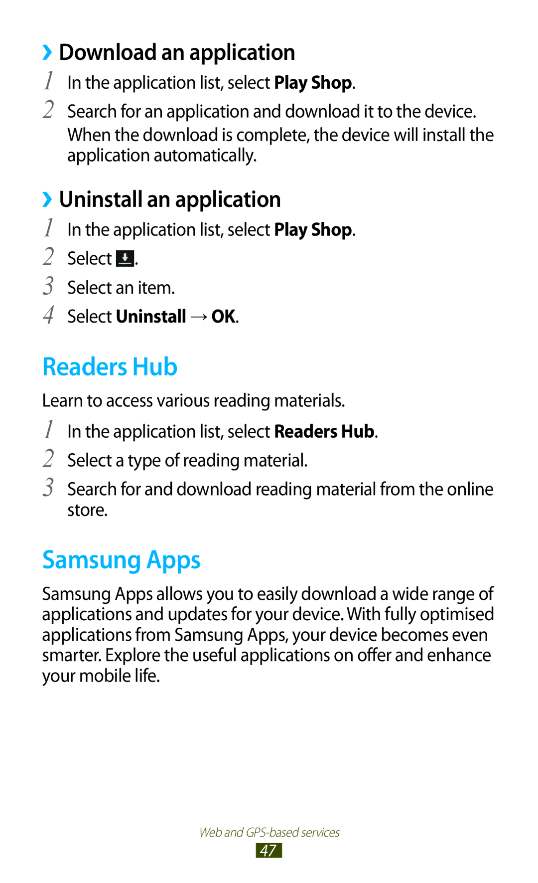 Samsung GTP5100TSATTT user manual Readers Hub, Samsung Apps, Application list, select Play Shop. Select Select an item 