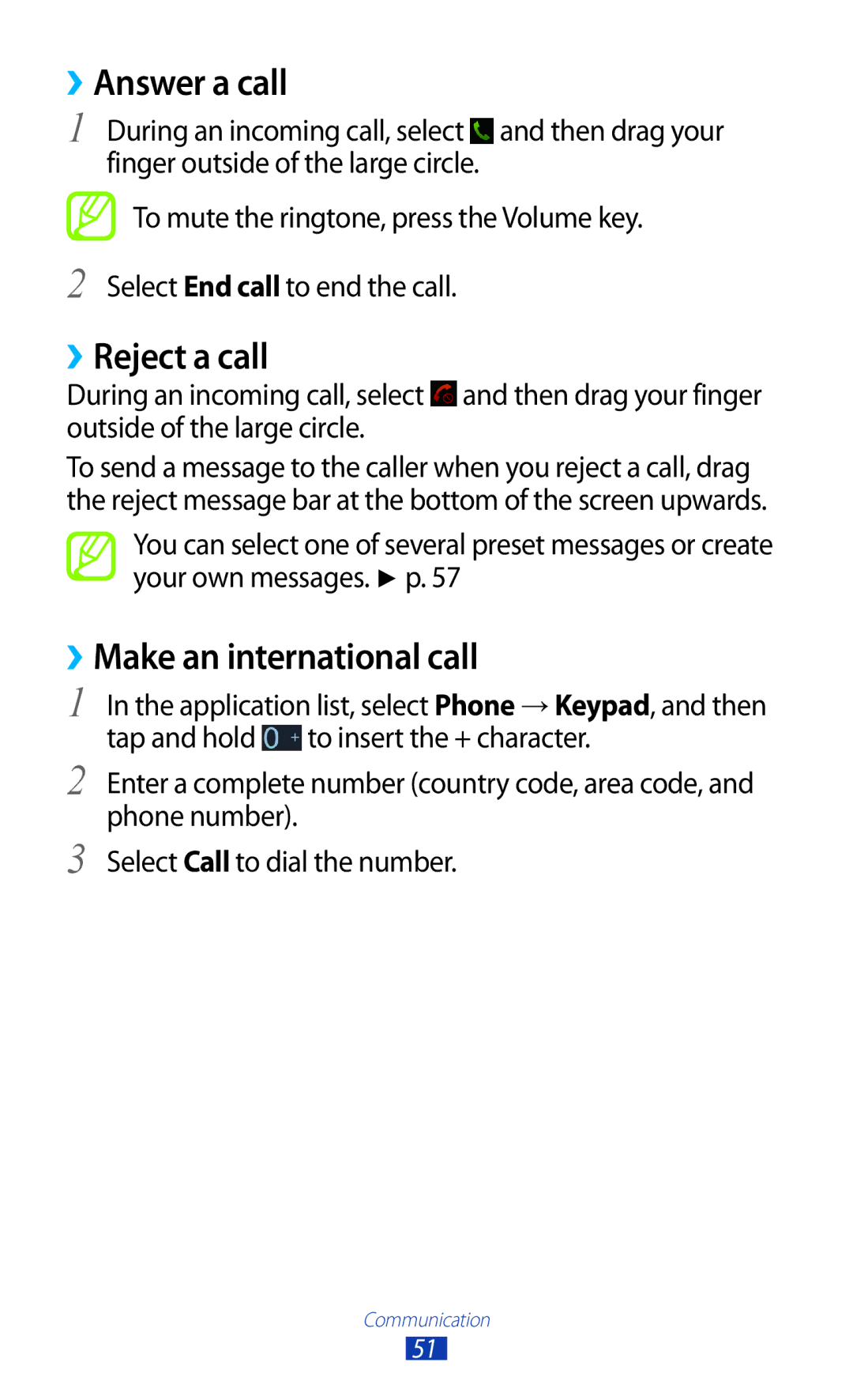 Samsung GTP5100TSATTT user manual ››Answer a call, ››Reject a call, ››Make an international call 