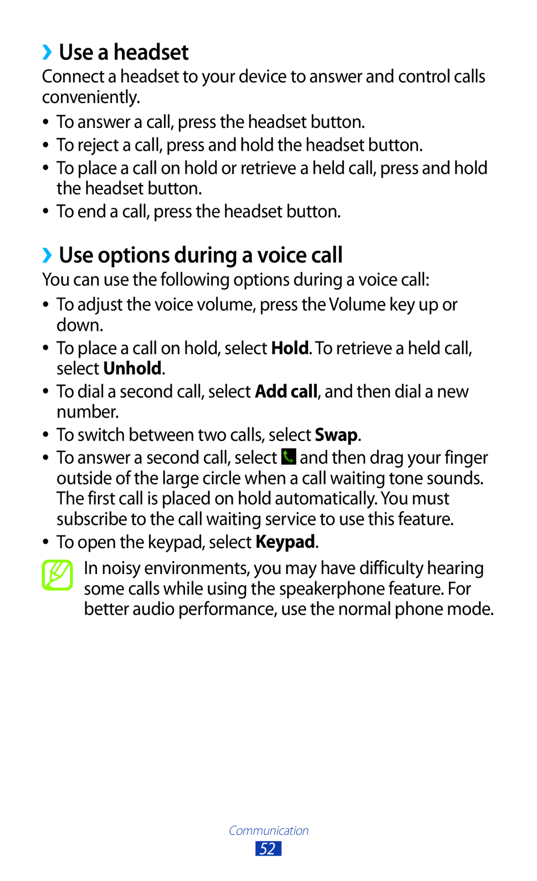 Samsung GTP5100TSATTT user manual ››Use a headset, ››Use options during a voice call, To open the keypad, select Keypad 